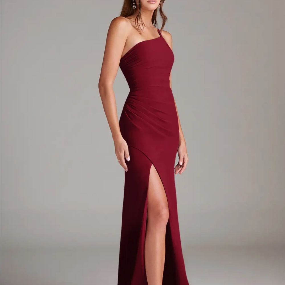 Azazie Eren- Burgundy Sheath One Shoulder Chiffon Dress - Picture 3 of 5